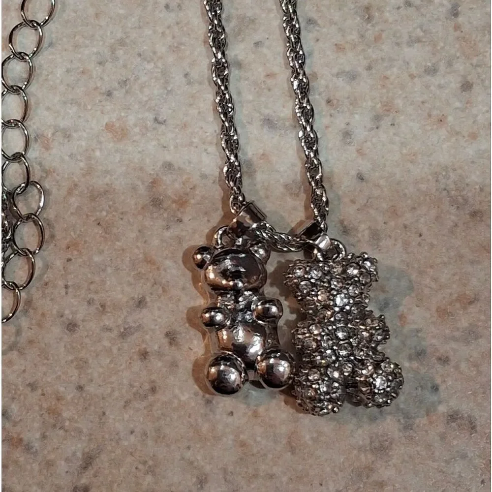 Silver Crystal Bear Pendant Necklace